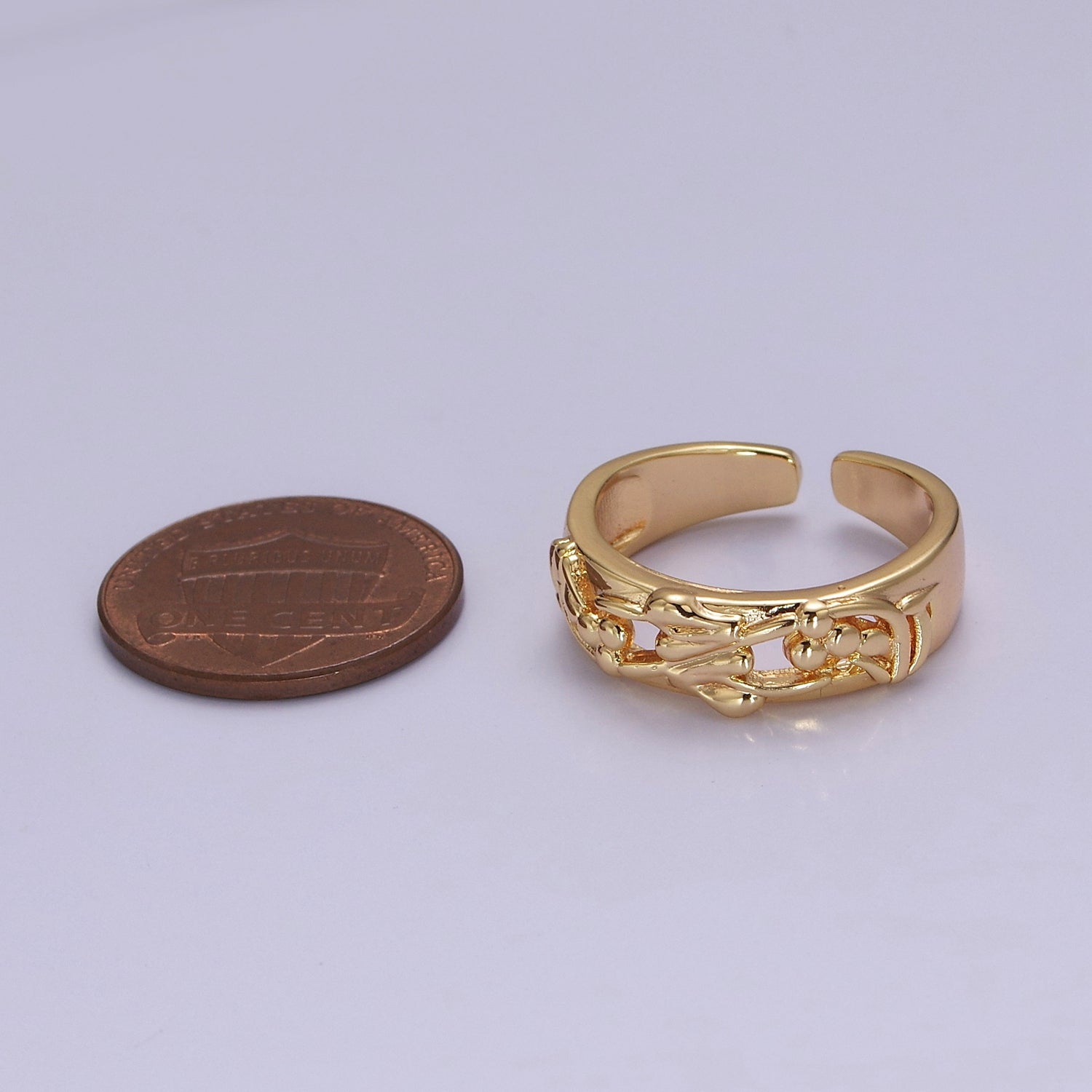 Dainty Art Deco Ring Flower Carved Design 18k Gold Filled Open Adjustable Ring V-226 - DLUXCA