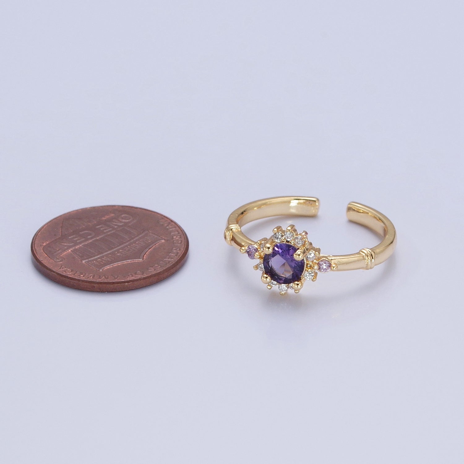 Purple CZ Gold Sun Ring Clear Pave Ring Celestial Jewelry P-294 - DLUXCA