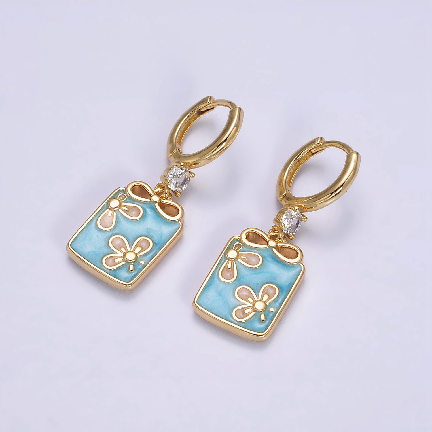16K Gold Filled Pink, White, Blue Sparkly Enamel Ribbon Bow Rectangular CZ Drop Huggie Earrings | Y855 - Y857 - DLUXCA