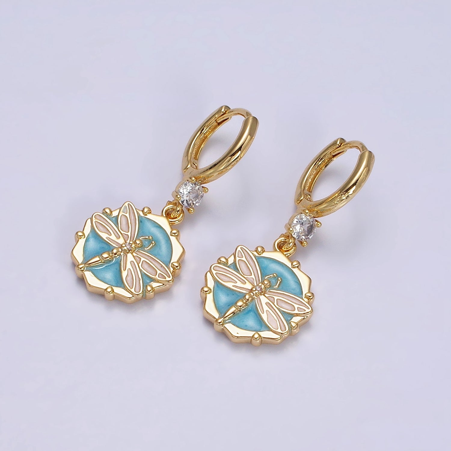 16K Gold Filled Pink, White, Blue Sparkly Enamel Dragonfly Hexagonal CZ Drop Huggie Earrings | Y870 Y871 - DLUXCA