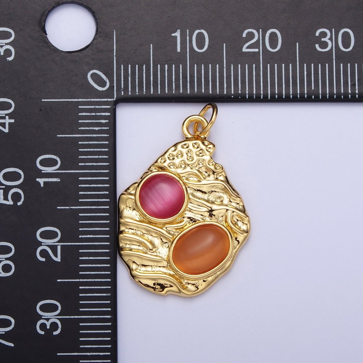 Abstract Textured Gold Charm with Pink Orange Cabochon Cat's Eye Gemstones Charm For Jewelry Making | X-747 - DLUXCA