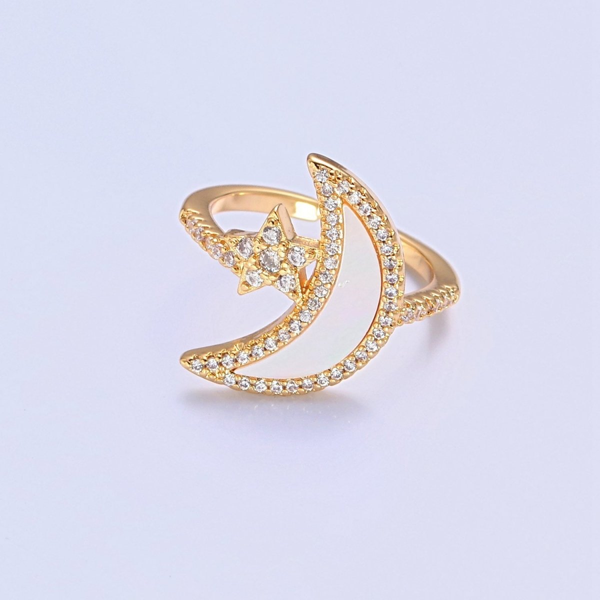 Adjustable 14k Gold Filled Moon Celestial Ring with Clear Crystal Detail, Pearl Celestial Pave Jewelry O-2203 - DLUXCA