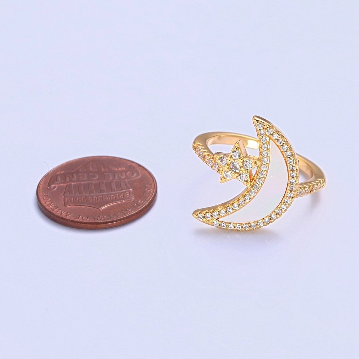 Adjustable 14k Gold Filled Moon Celestial Ring with Clear Crystal Detail, Pearl Celestial Pave Jewelry O-2203 - DLUXCA