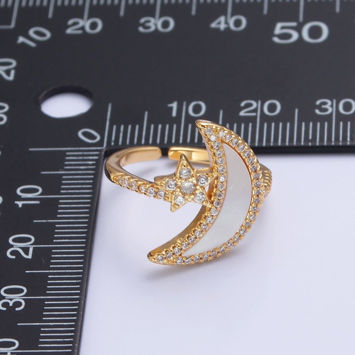 Adjustable 14k Gold Filled Moon Celestial Ring with Clear Crystal Detail, Pearl Celestial Pave Jewelry O-2203 - DLUXCA