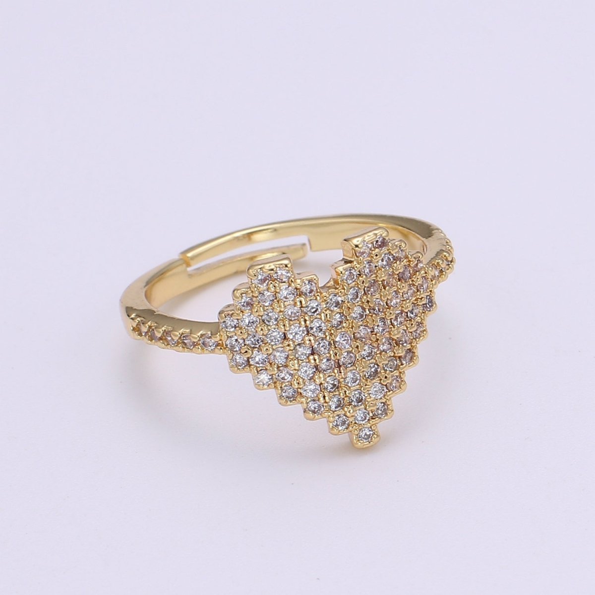 Adjustable 24k Gold Heart Ring, CZ Pave Adjustable Ring for stacking jewelry O-292 - DLUXCA
