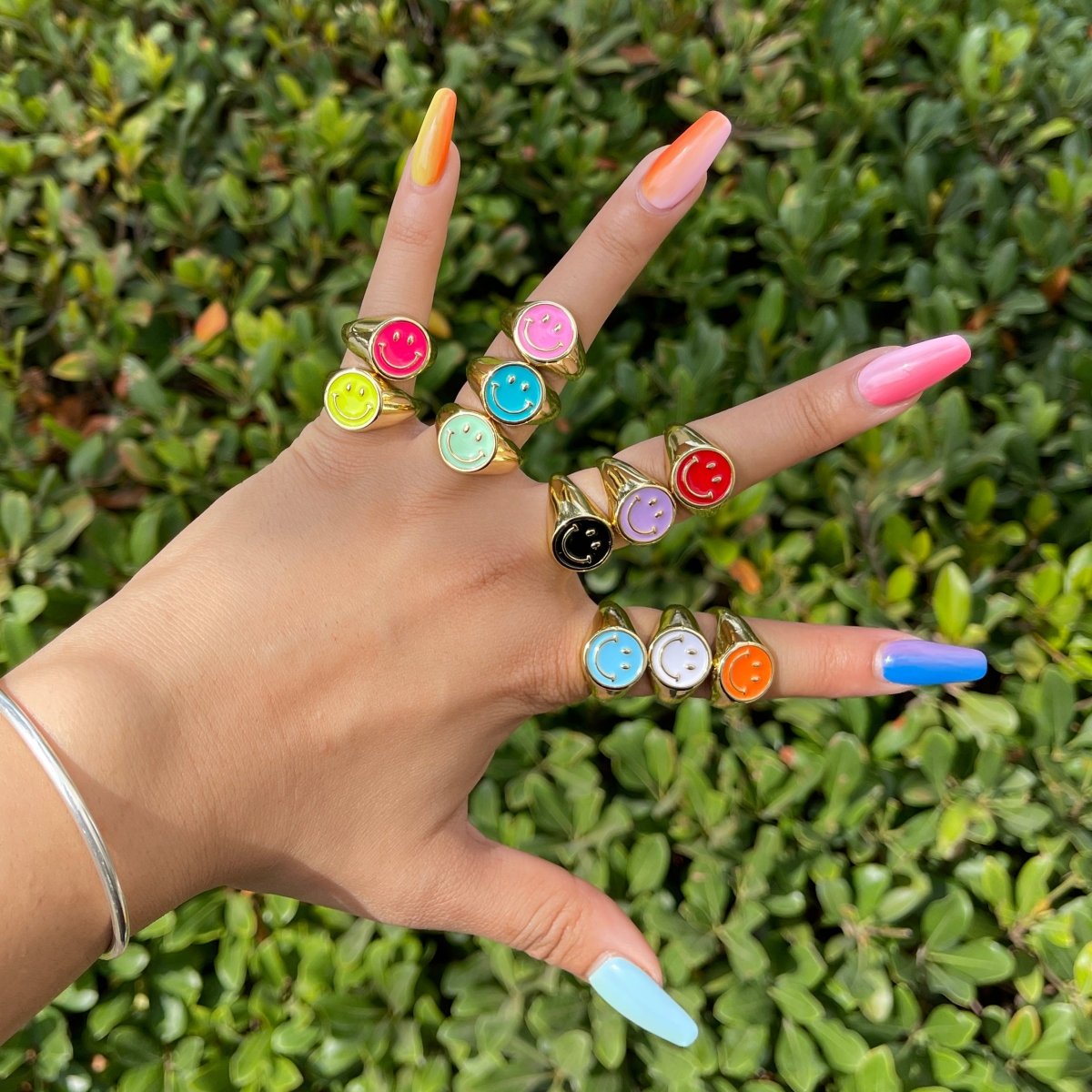 Adjustable Gold Smiley Face Ring, Colorful Enamel Happy Face