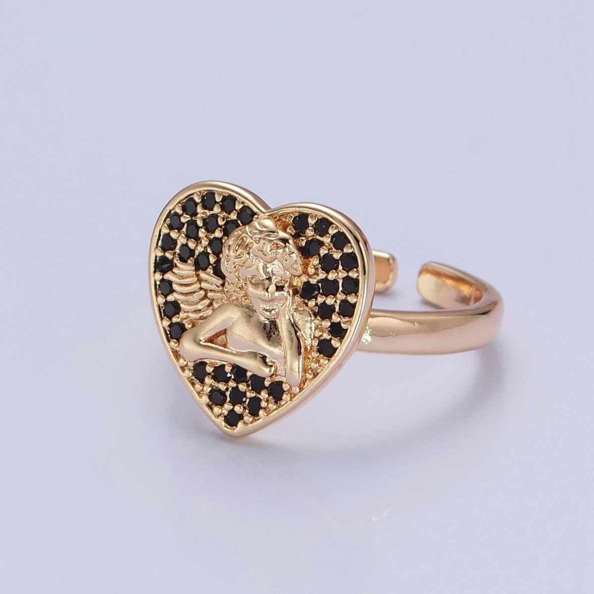 Adjustable heart cherub ring Pave Pink, Black CZ heart angel cherub ring Statement Ring O-747 O-748 - DLUXCA