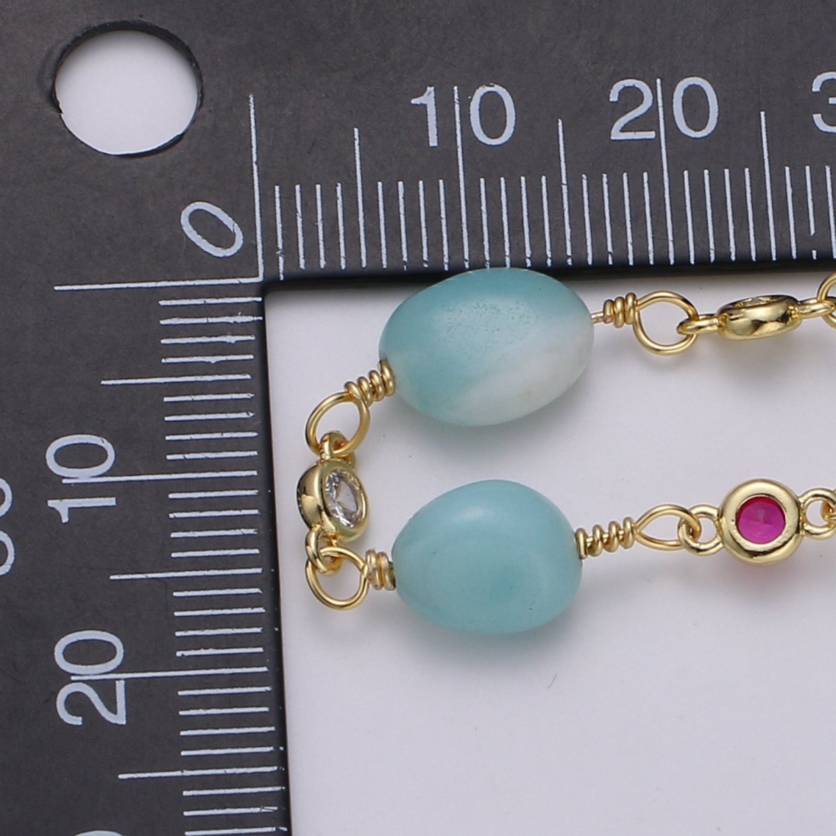 Amazonite Stone Micro Pave Charm 24K Gold Filled Chain by Yard, Cubic Round Charm Chain, Semiprecious Stone Heart Chakra Chain | ROLL-335 Clearance Pricing - DLUXCA