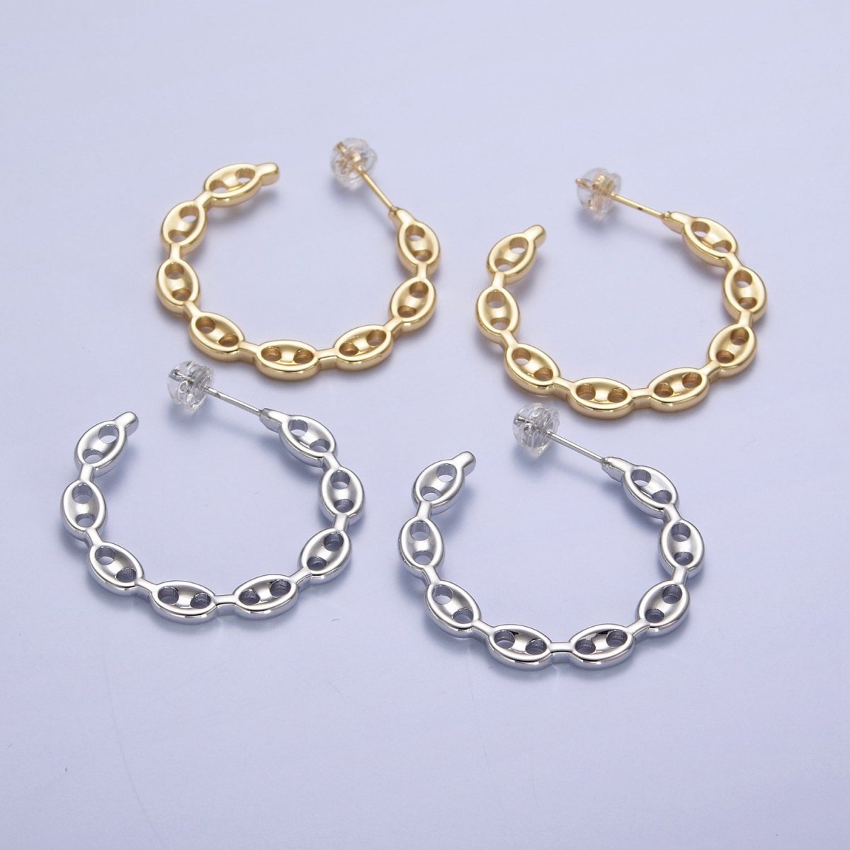 Anchor Mariner Chain Link C Shaped Hoop Stud Earrings in Gold & Silver | X-878 X-879 - DLUXCA