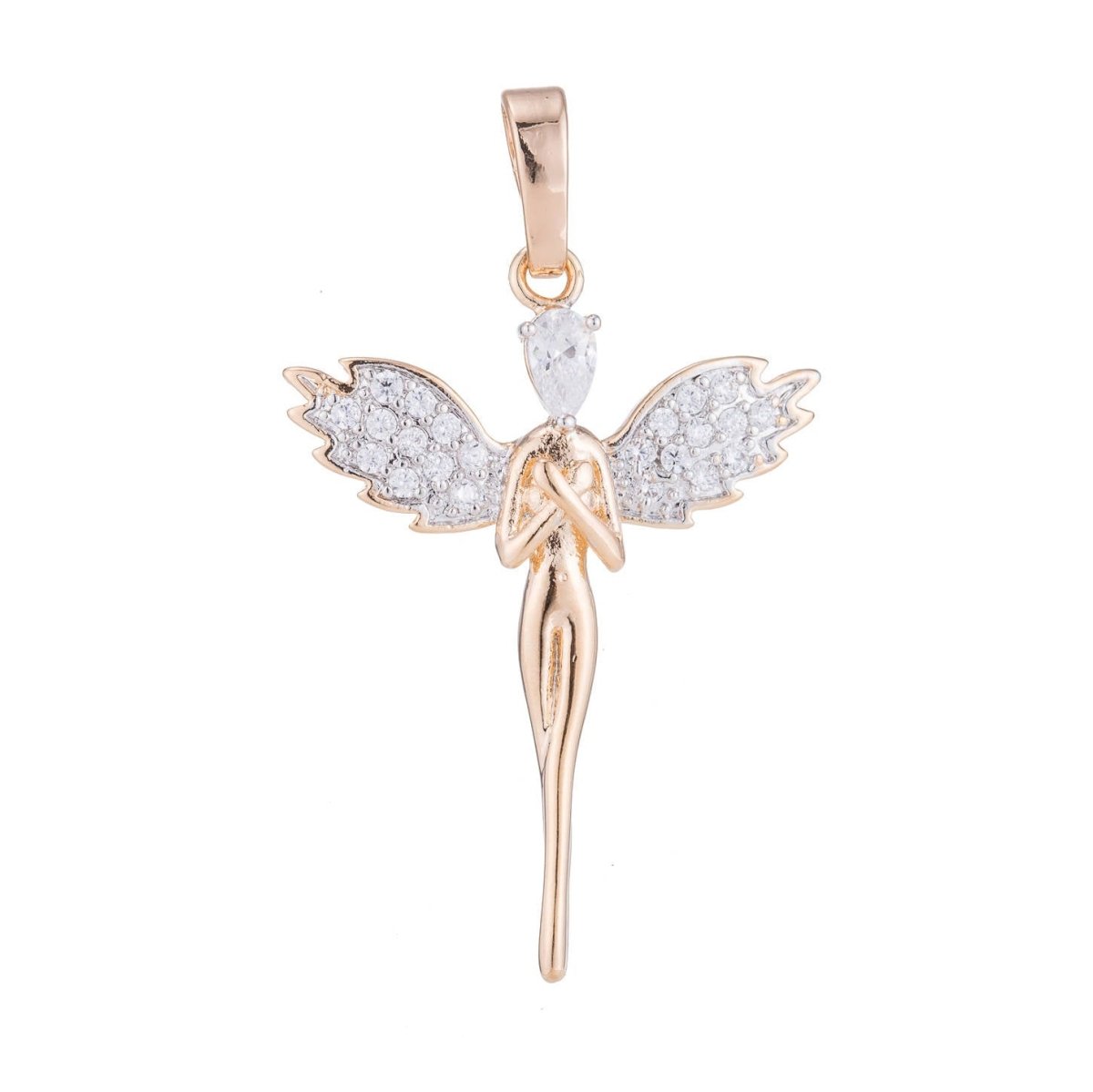 Angel Pendant Gold Plated Necklace - Angel Wings Gold Plated Pendant - Rose Gold Plated Pendant - Guardian Angel Cubic Zircon Charm H-071 - DLUXCA