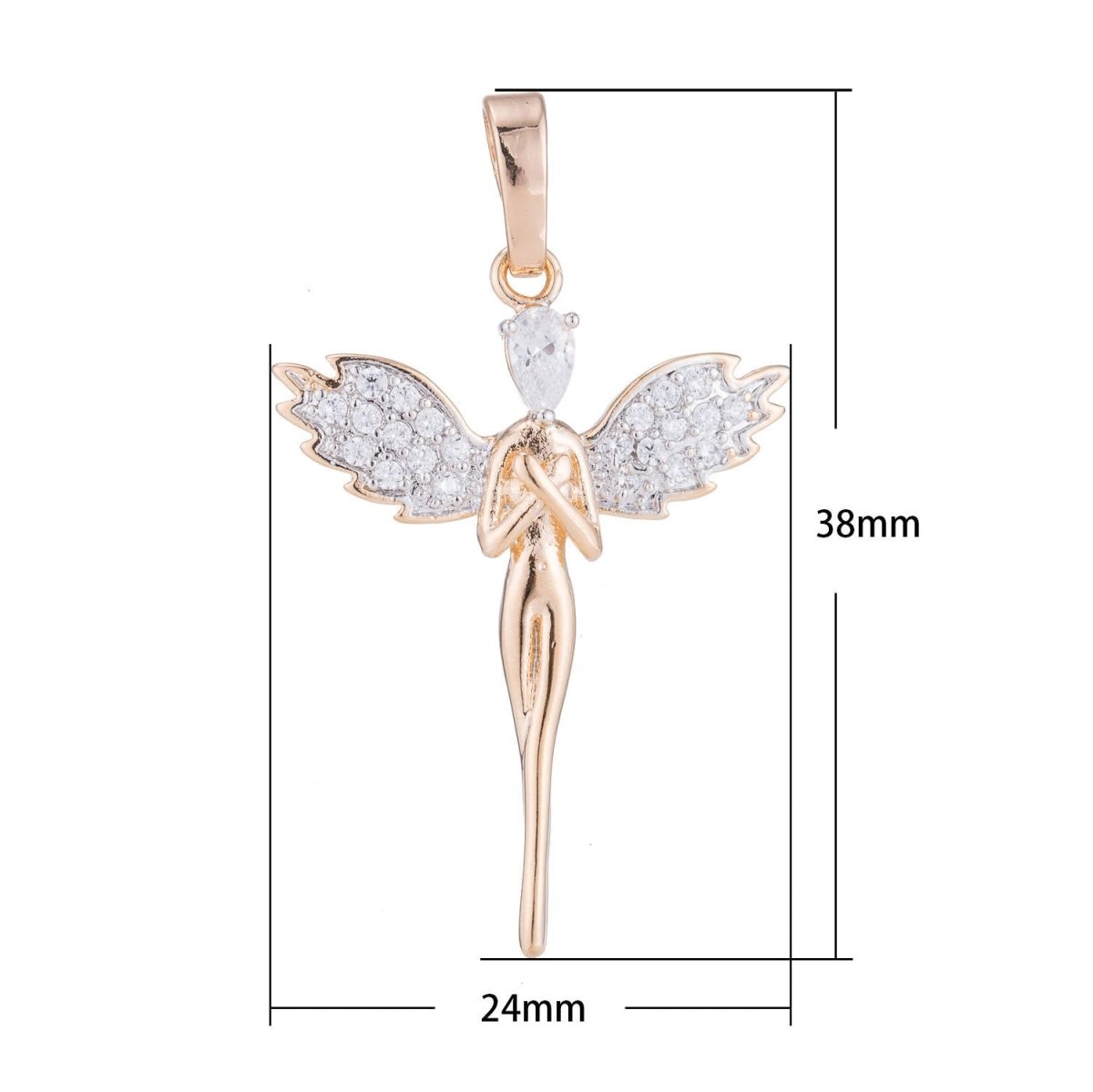 Angel Pendant Gold Plated Necklace - Angel Wings Gold Plated Pendant - Rose Gold Plated Pendant - Guardian Angel Cubic Zircon Charm H-071 - DLUXCA