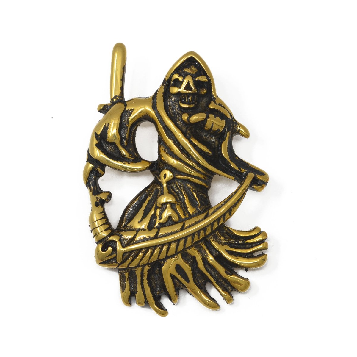 Antique Gold Grim Reaper Pendant Bold Angel of Death SANTA MUERTE Halloween Jewelry Necklace - DLUXCA