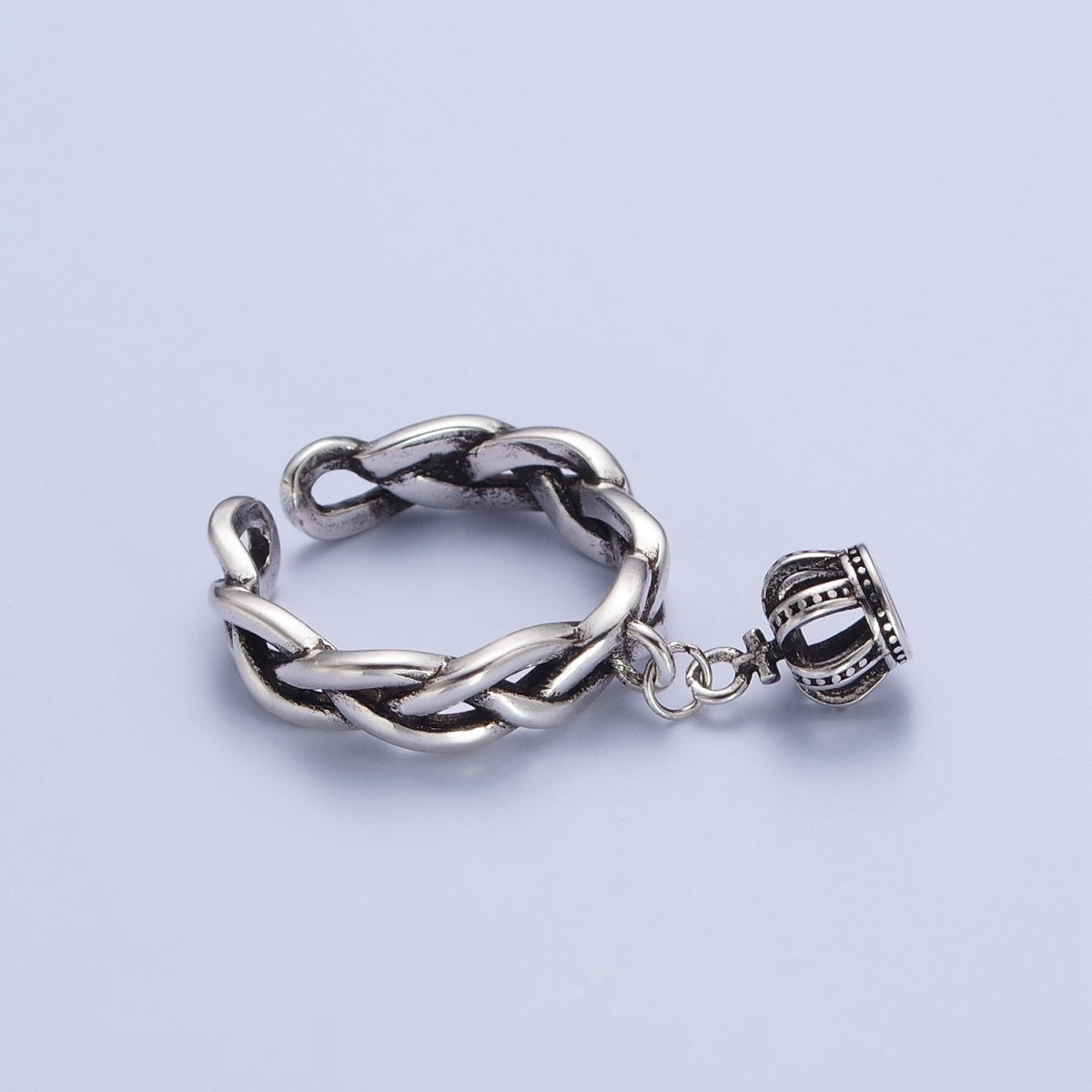 Antique Silver Braided Twist Rope Chain Link with Royal Crown Dangle Charm Adjustable Silver Ring | X-552 - DLUXCA