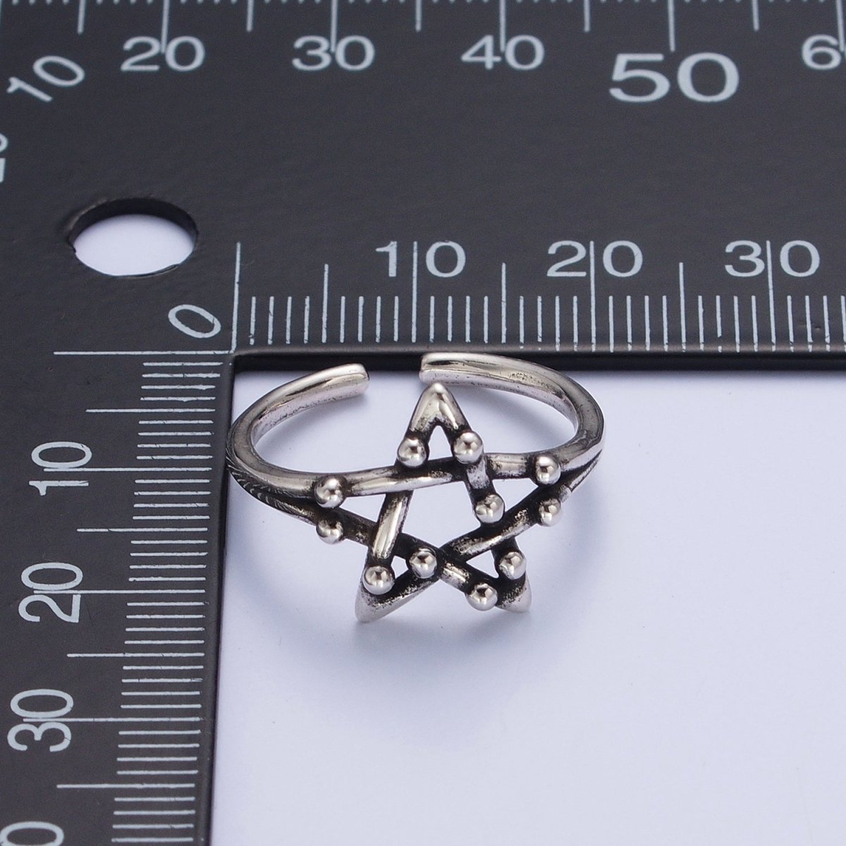 Antique Silver Celestial Five Pointed Star Beaded Bubble Adjustable Silver Ring | X-556 - DLUXCA