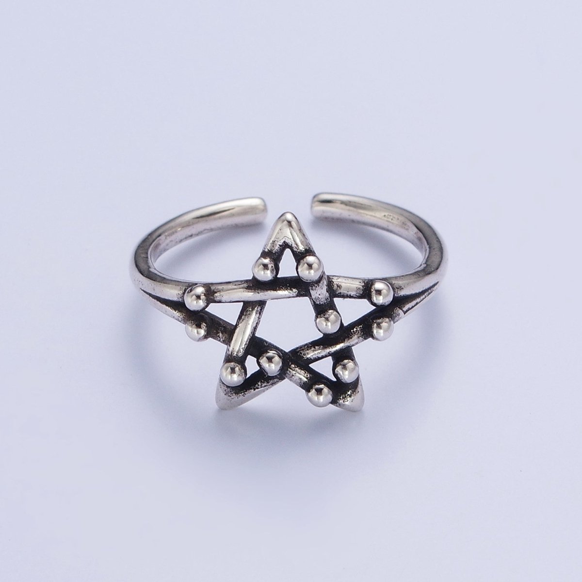 Antique Silver Celestial Five Pointed Star Beaded Bubble Adjustable Silver Ring | X-556 - DLUXCA