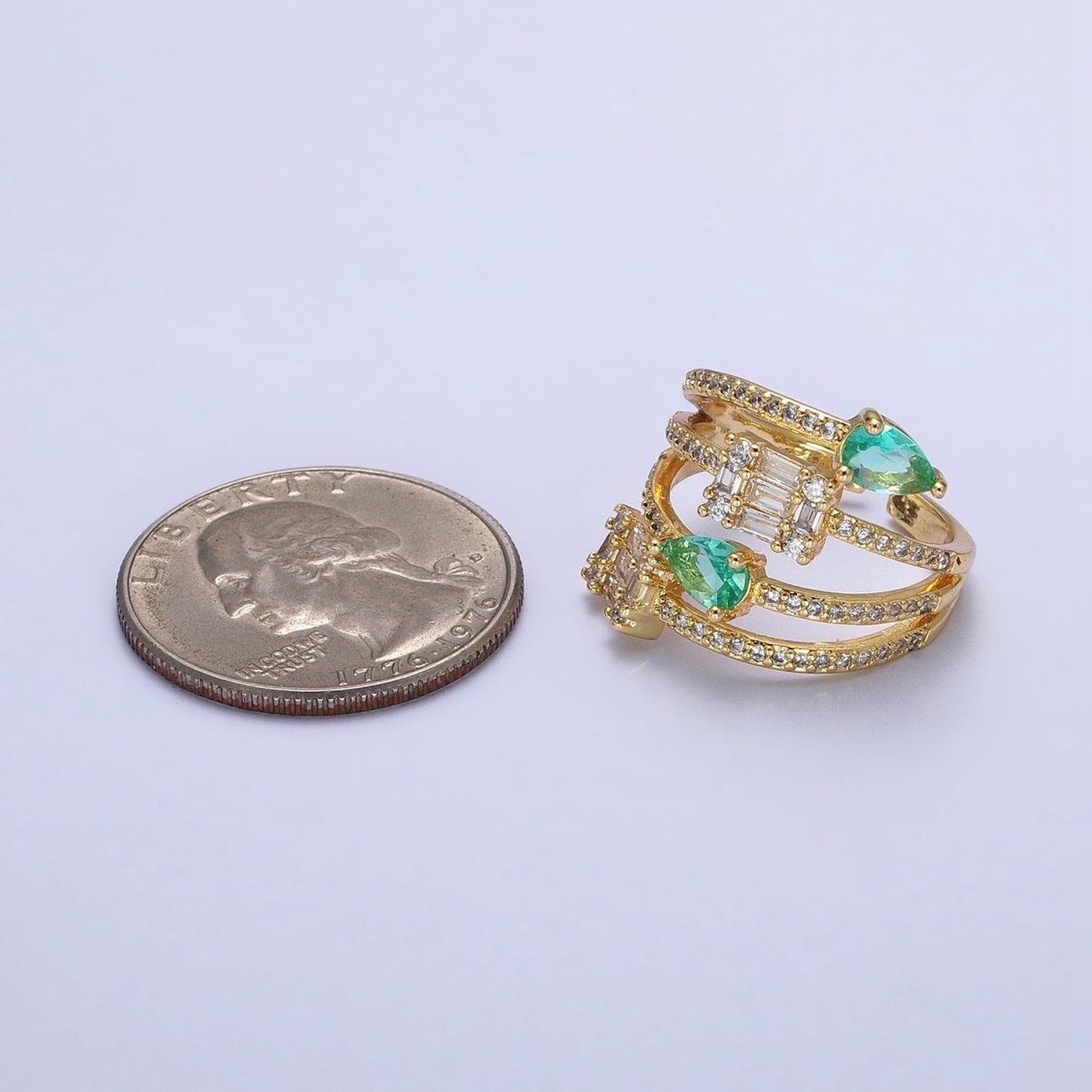 Aqua Tear Drop CZ Micro Paved Gold Wrap Baguette Stacking Ring O-1513 O-1514 - DLUXCA