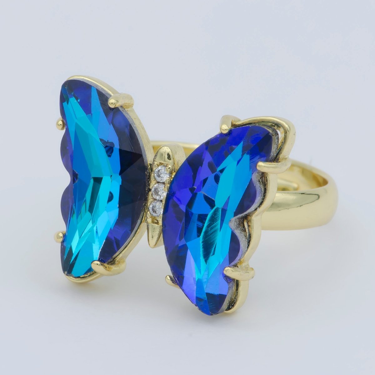 Arcylic Butterfly Ring, Mariposa Ring, Adjustable Gold Open Ring Dark Blue Cz Ring R171 - DLUXCA