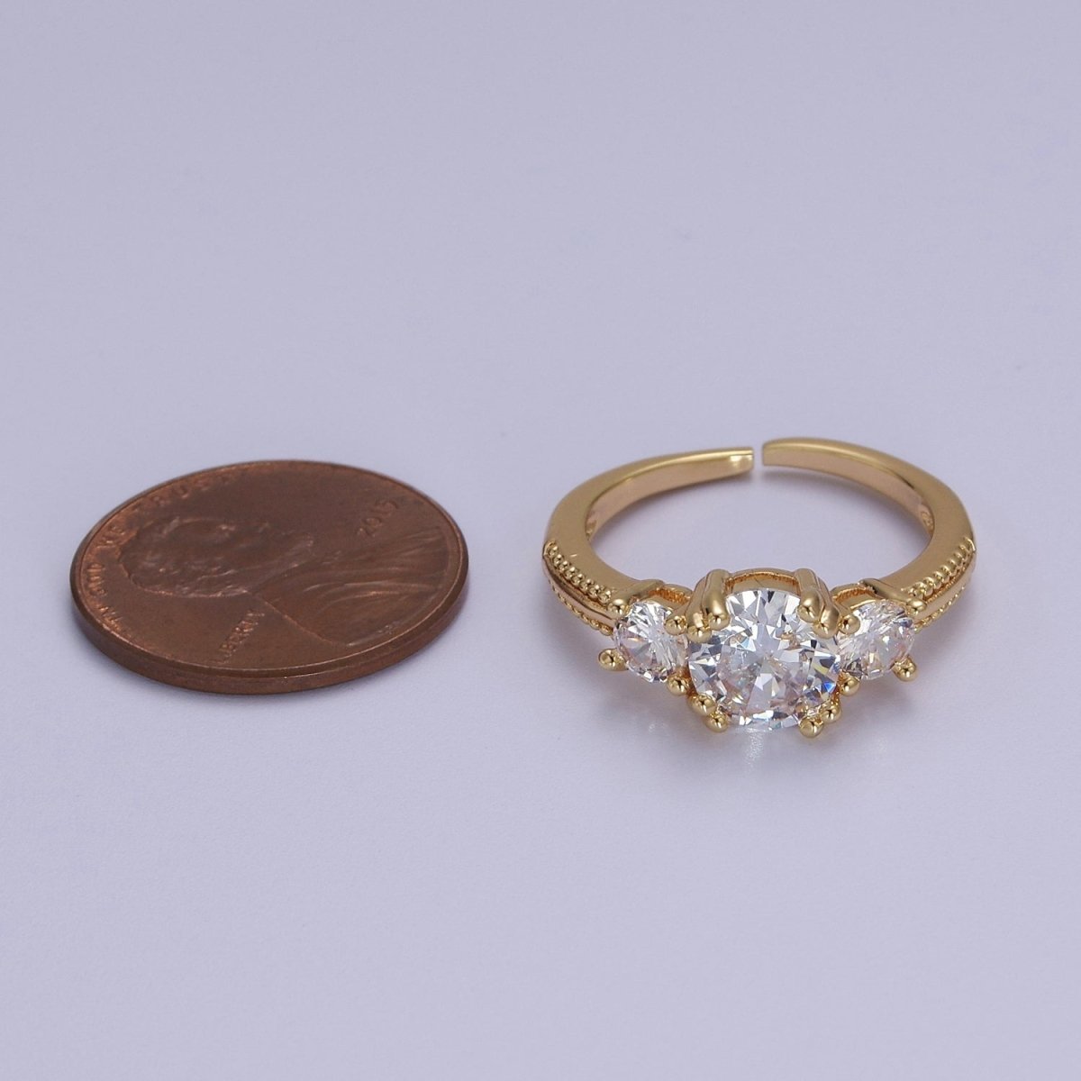 Art Deco Vintage 3-Stone Three Stone Round CZ Halo Wedding Engagement Ring Band Gold Filled Round Open Adjustable Ring S-515 - DLUXCA
