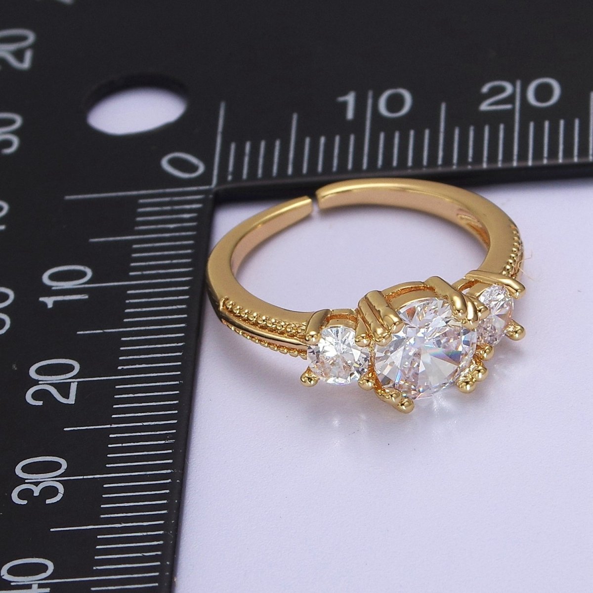 Art Deco Vintage 3-Stone Three Stone Round CZ Halo Wedding Engagement Ring Band Gold Filled Round Open Adjustable Ring S-515 - DLUXCA