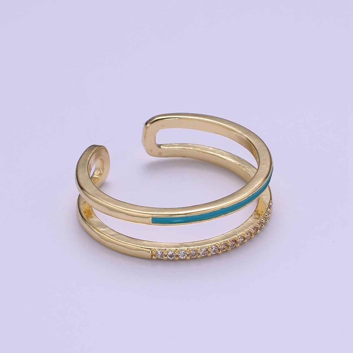 Assorted Color Golden Ring CZ Crystal on Double Layers Plain Gold Filled Micro Pave Ring Jewelry O-962 to O-971 - DLUXCA