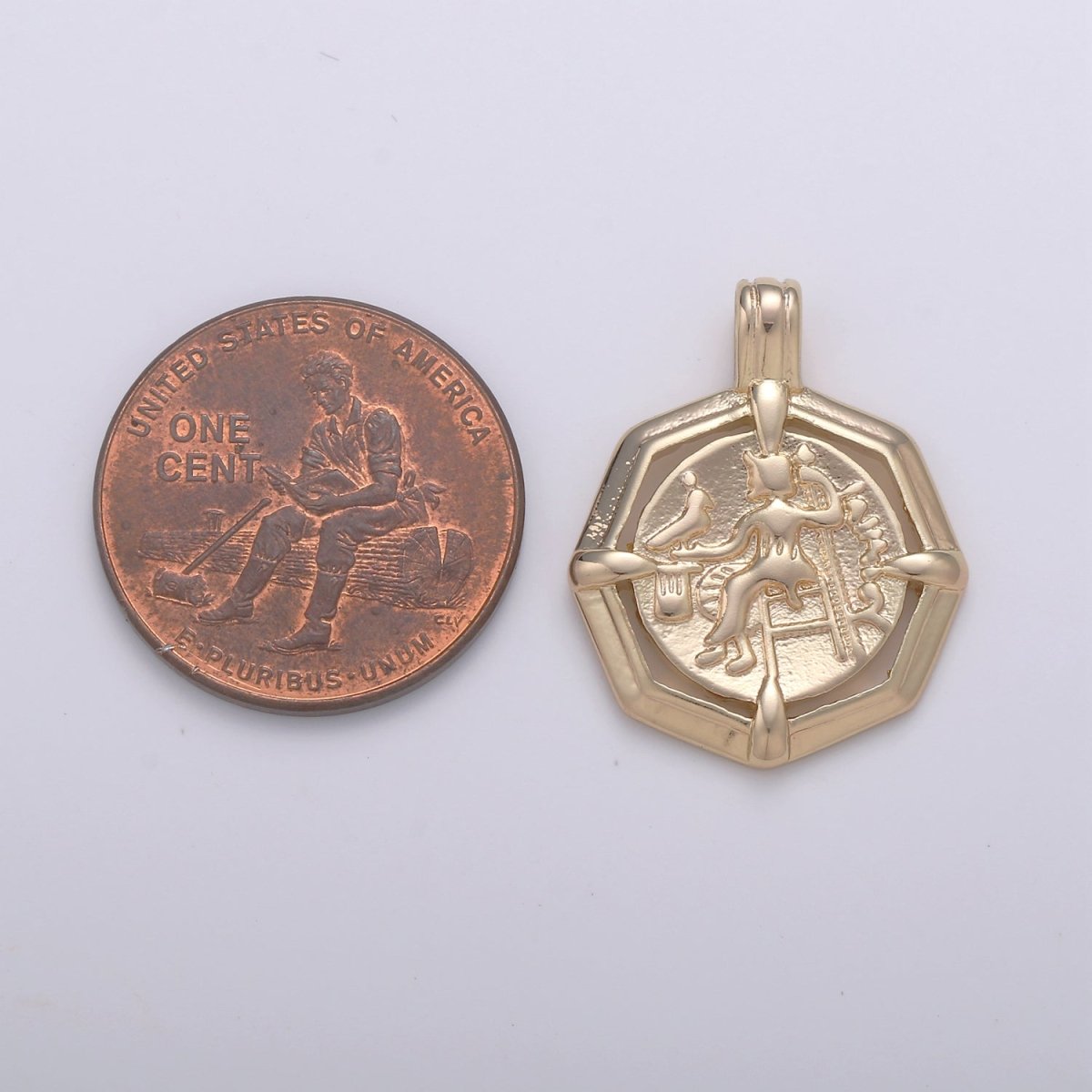 Athena Goddess Wisdom Rustic Coin Gold Filled Hexagon Pendants I-865 - DLUXCA