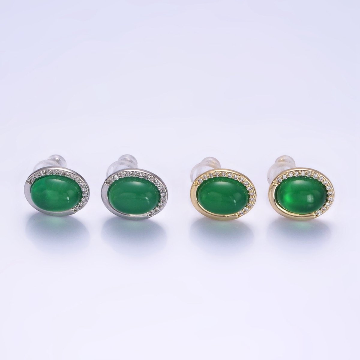 Aventurine Micro Paved CZ Oval Stud Earrings in Gold & Silver | V522 V523 - DLUXCA