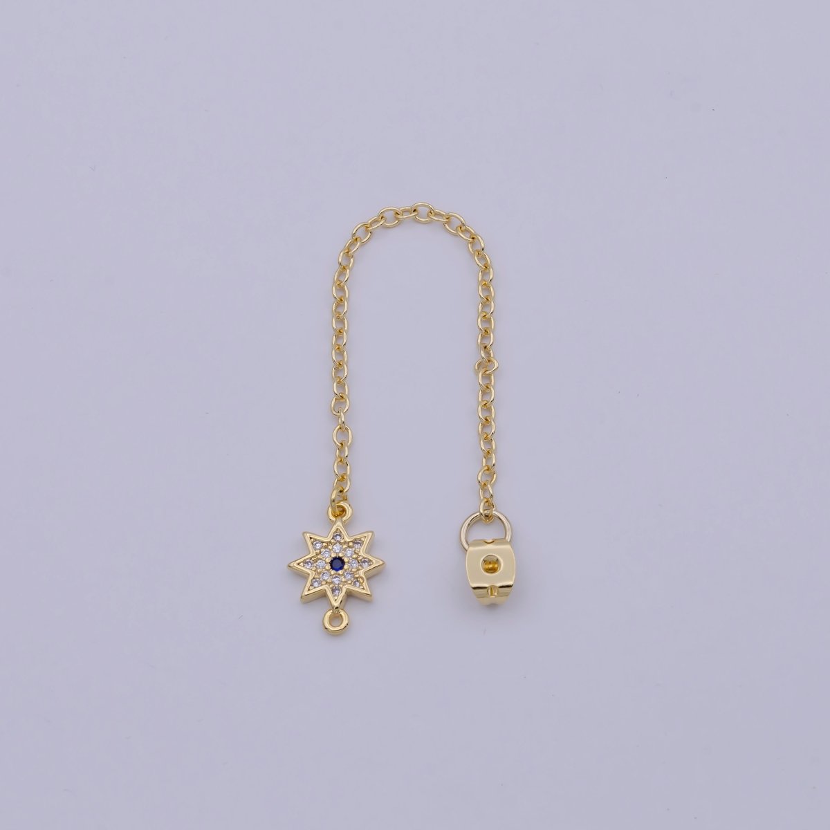 Back stopper w/ chain cz North Star Charm 2 pcs Gold Filled Nickel free, Butterfly clutch chain Dainty earring back K-198 - DLUXCA