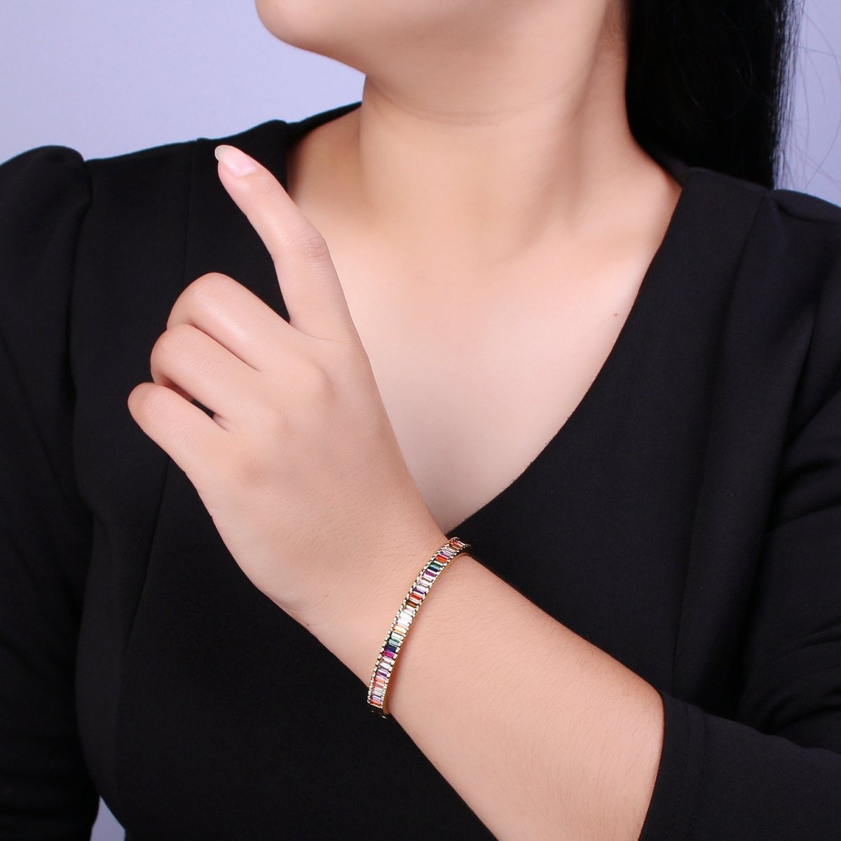 Baguette bracelet Rainbow CZ Gem Stackable Gold Bracelet | Chunky Gold Bracelet | Luxury Crystal Stacking Bangle Bracelet | WA-427 Clearance Pricing - DLUXCA