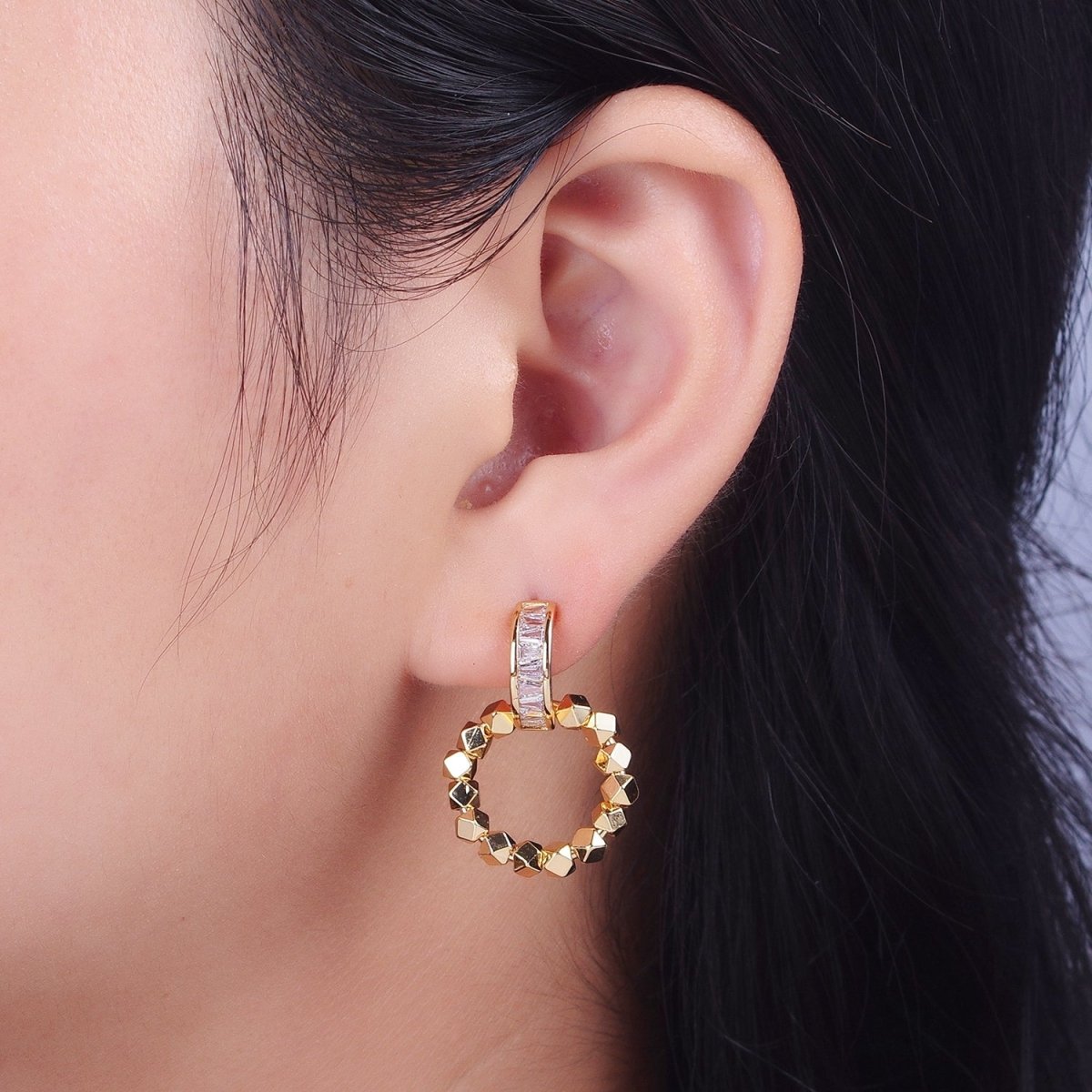 Baguette C Shaped Round Gold Cube Bead Dangle Drop Earrings | Y-176 - DLUXCA