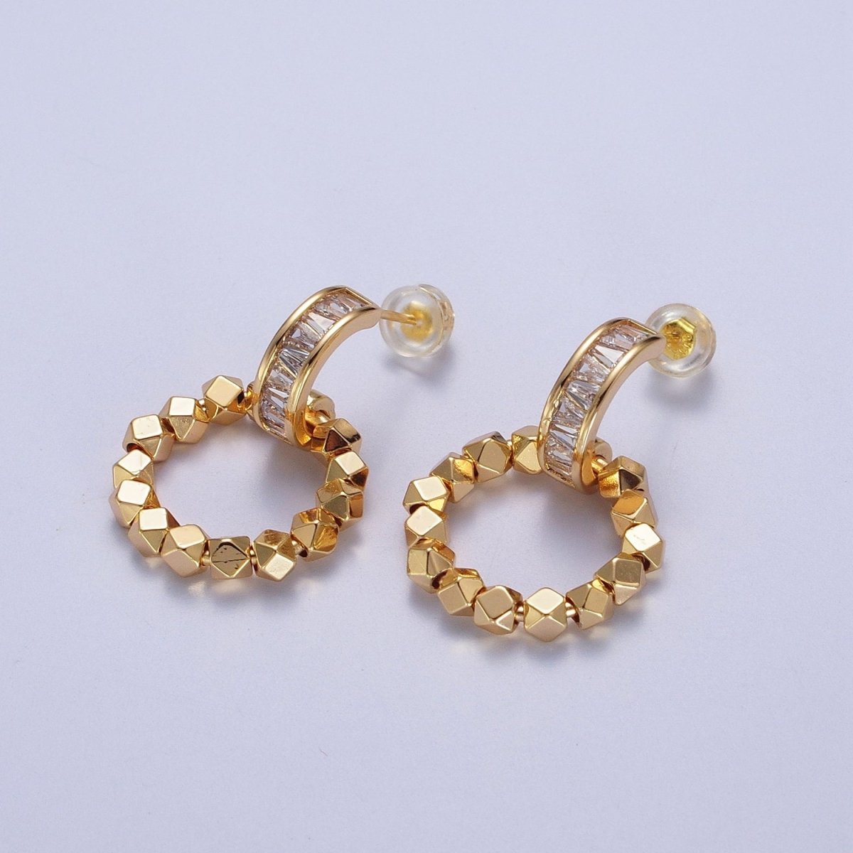 Baguette C Shaped Round Gold Cube Bead Dangle Drop Earrings | Y-176 - DLUXCA