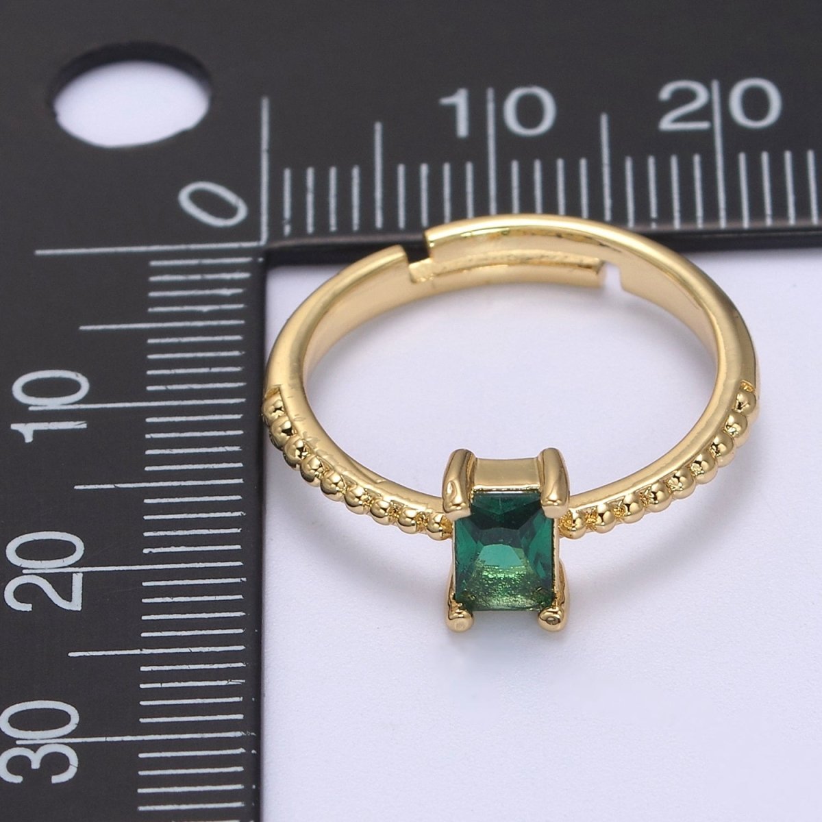 Baguette Crystal Zirconia Dainty 24K Gold Filled Adjustable Solitaire Ring with Beaded Band U-293~U-299 - DLUXCA