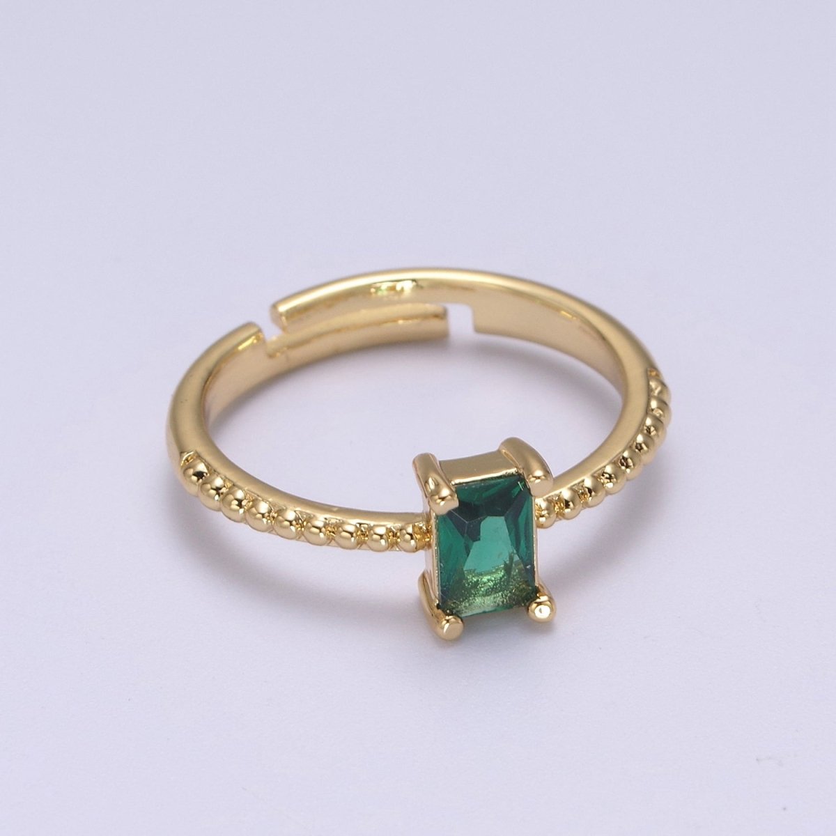 Baguette Crystal Zirconia Dainty 24K Gold Filled Adjustable Solitaire Ring with Beaded Band U-293~U-299 - DLUXCA