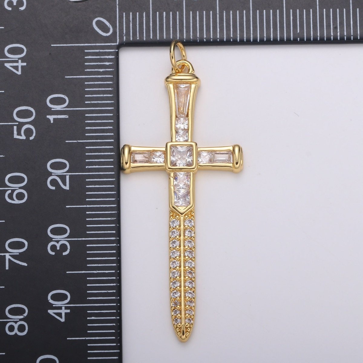 Baguette Cubic Cross Pendant, CZ Sword Pendant, Earrings pendant, Bracelet Charm, Necklace Pendant, 24k Gold Jewelry E-212 - DLUXCA