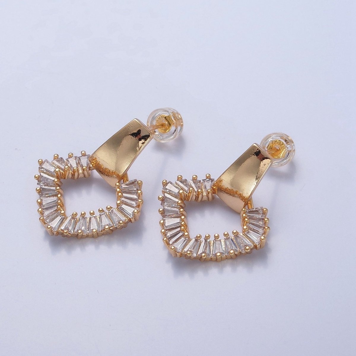 Baguette Earrings, Dainty Gold Earrings, Triangle Earrings, Brass CZ Studs, Geometric Stud Earring V-382 - DLUXCA