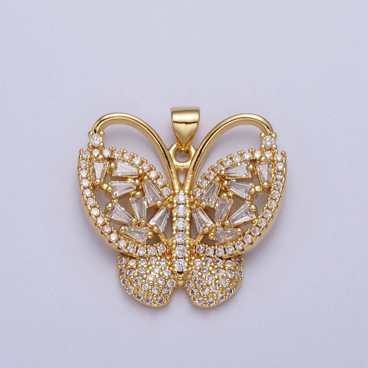 Baguette Micro Paved CZ Monarch Butterfly Gold Pendant H-166 - DLUXCA