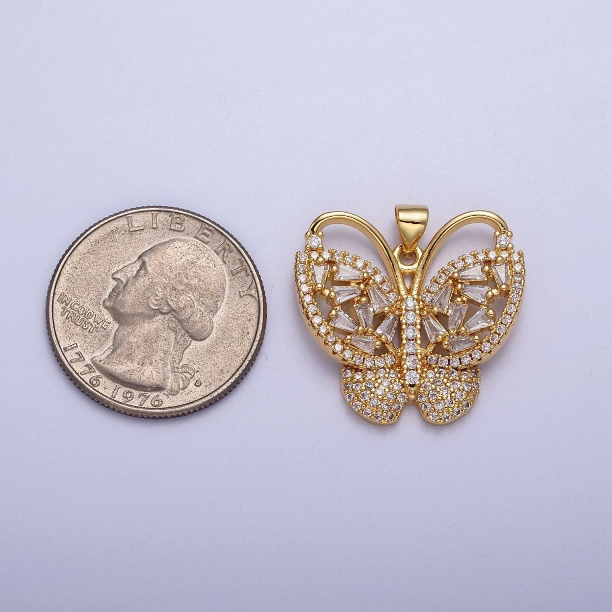 Baguette Micro Paved CZ Monarch Butterfly Gold Pendant H-166 - DLUXCA