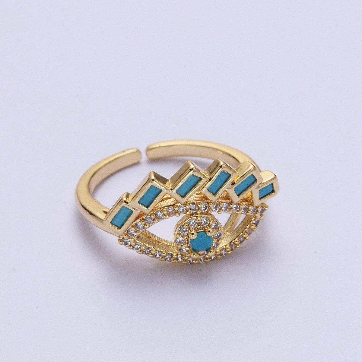 Baguette Ring Green Teal CZ Ring 16K Gold Filled Stackable Trendy Evil Eye Ring Jewelry Open Adjustable Ring R-325 R-499 - DLUXCA