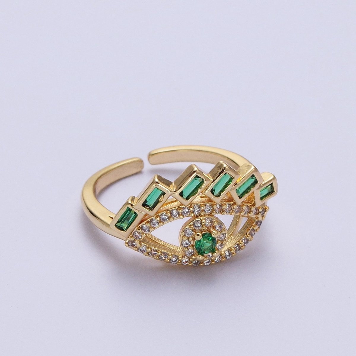 Baguette Ring Green Teal CZ Ring 16K Gold Filled Stackable Trendy Evil Eye Ring Jewelry Open Adjustable Ring R-325 R-499 - DLUXCA