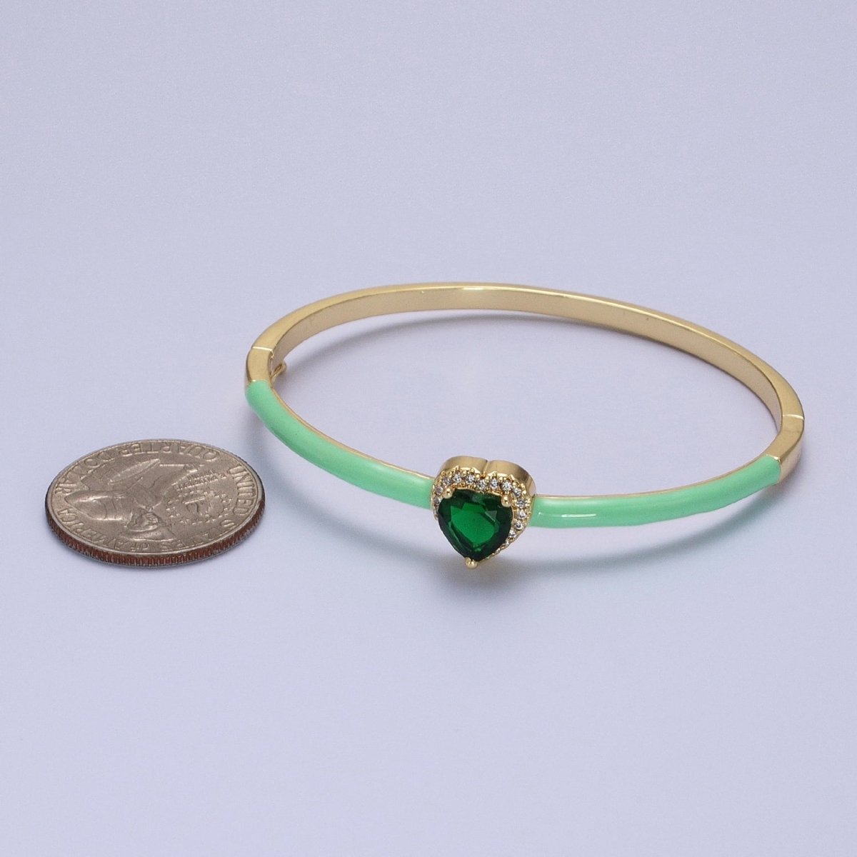 Barbie core Gold Filled Heart White, Green, Pink Micro Paved Enamel Gold Bangle Bracelet | WA-1351 - WA-1353 Clearance Pricing - DLUXCA