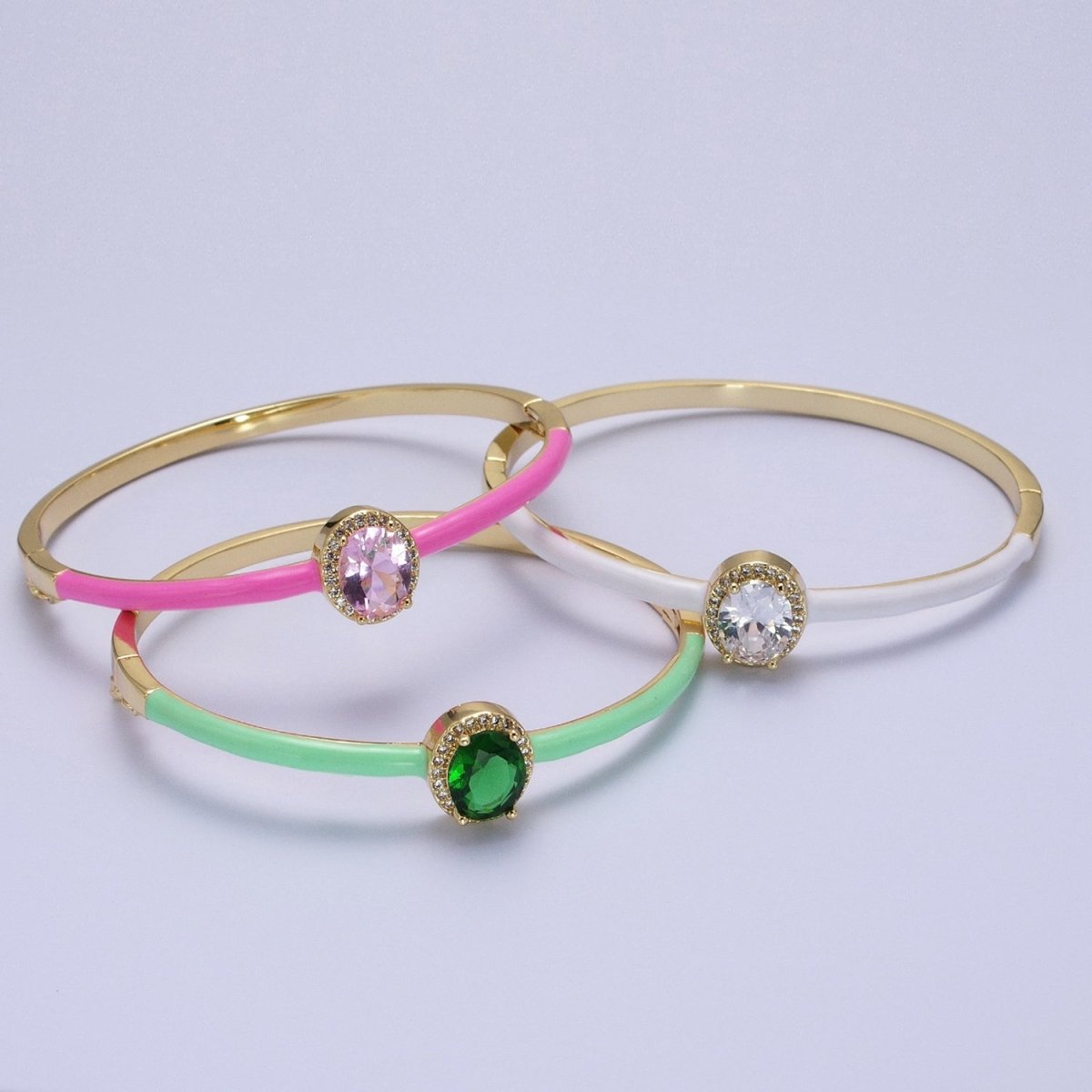 Barbie core Gold Filled Oval White, Green, Pink Micro Paved Enamel Gold Bangle Bracelet | WA-1348 - WA-1350 Clearance Pricing - DLUXCA