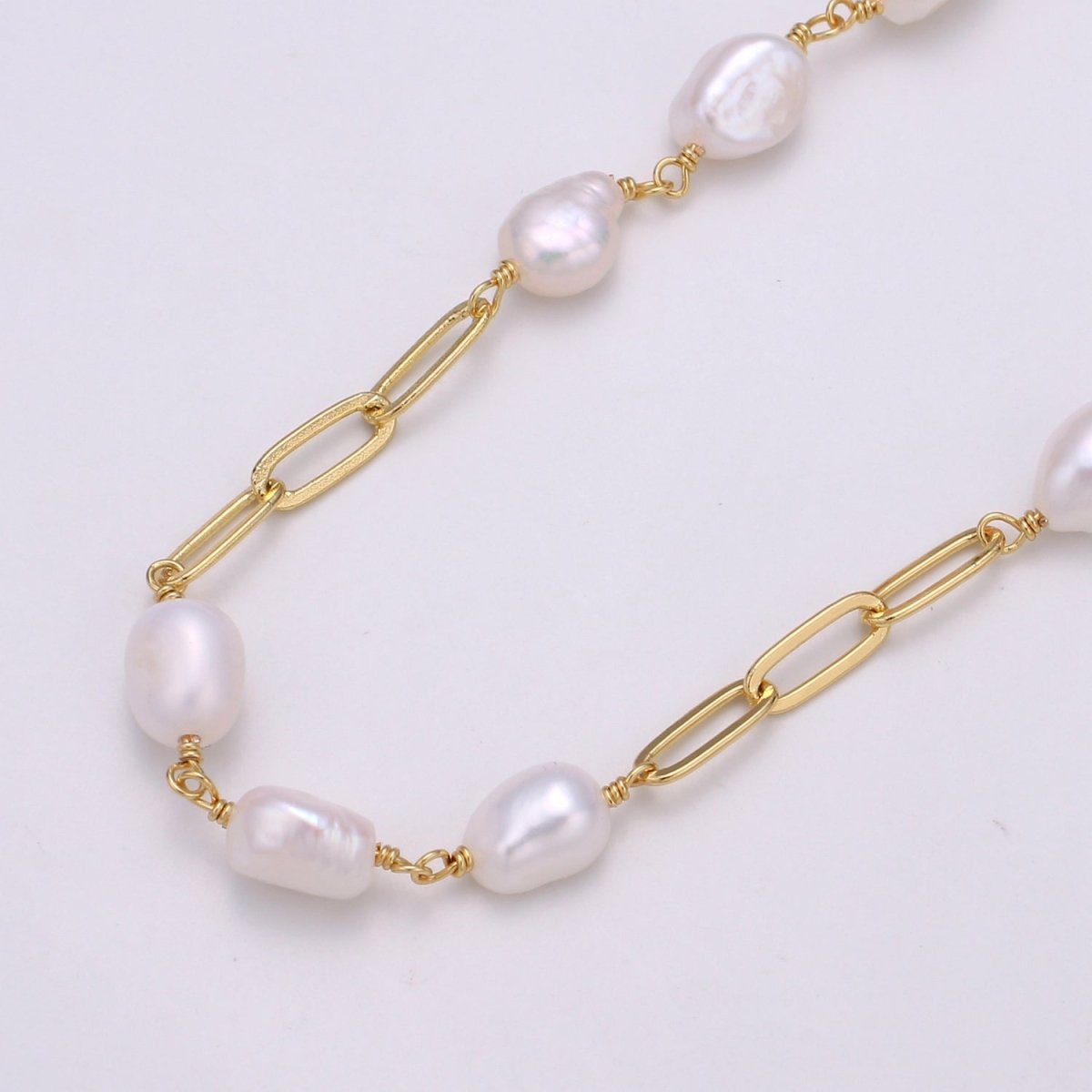 Baroque Mother Pearl 24K Gold Filled Charm Chain by Yard, White Fresh Water Pearl Chain | ROLL-354 Clearance Pricing - DLUXCA
