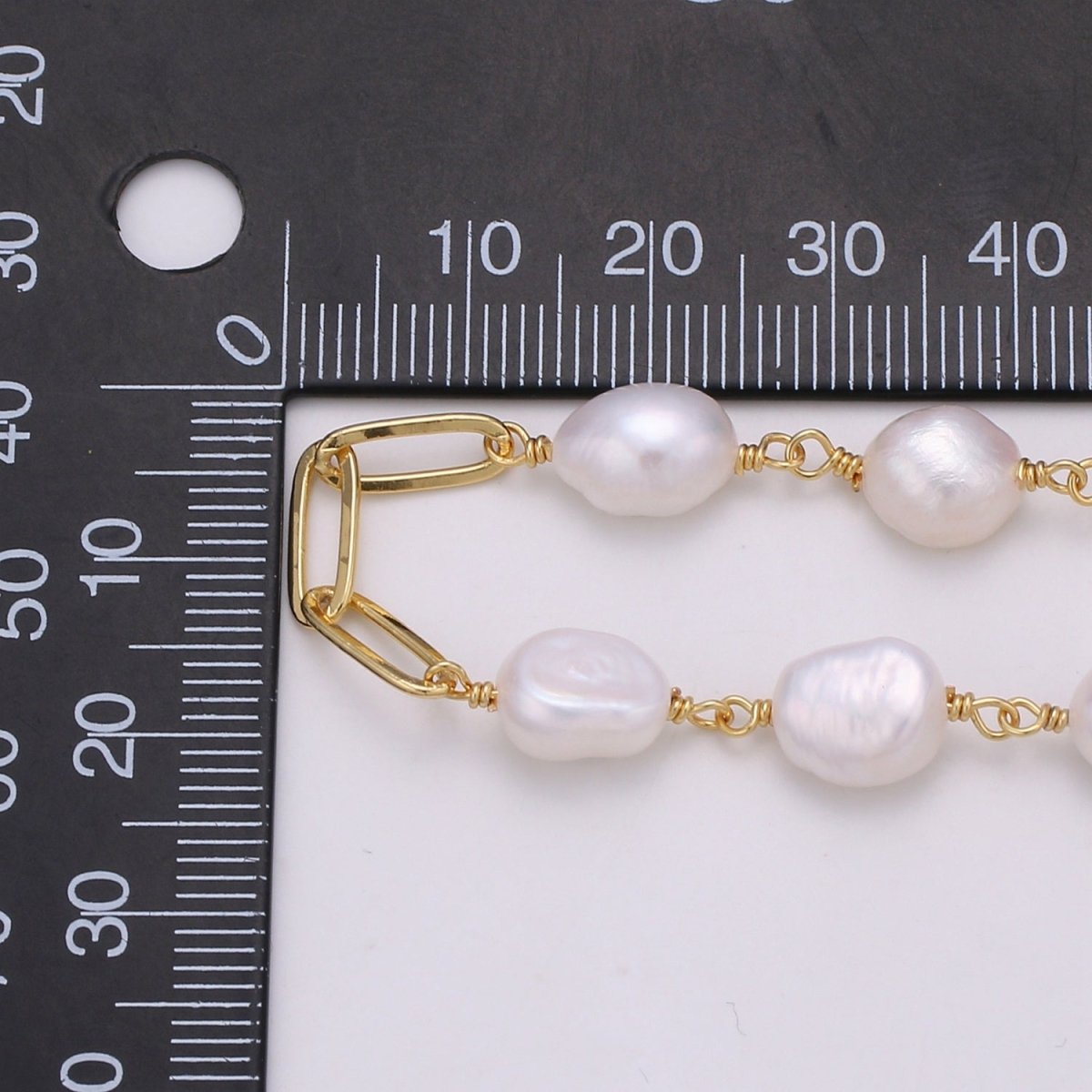 Baroque Mother Pearl 24K Gold Filled Charm Chain by Yard, White Fresh Water Pearl Chain | ROLL-354 Clearance Pricing - DLUXCA