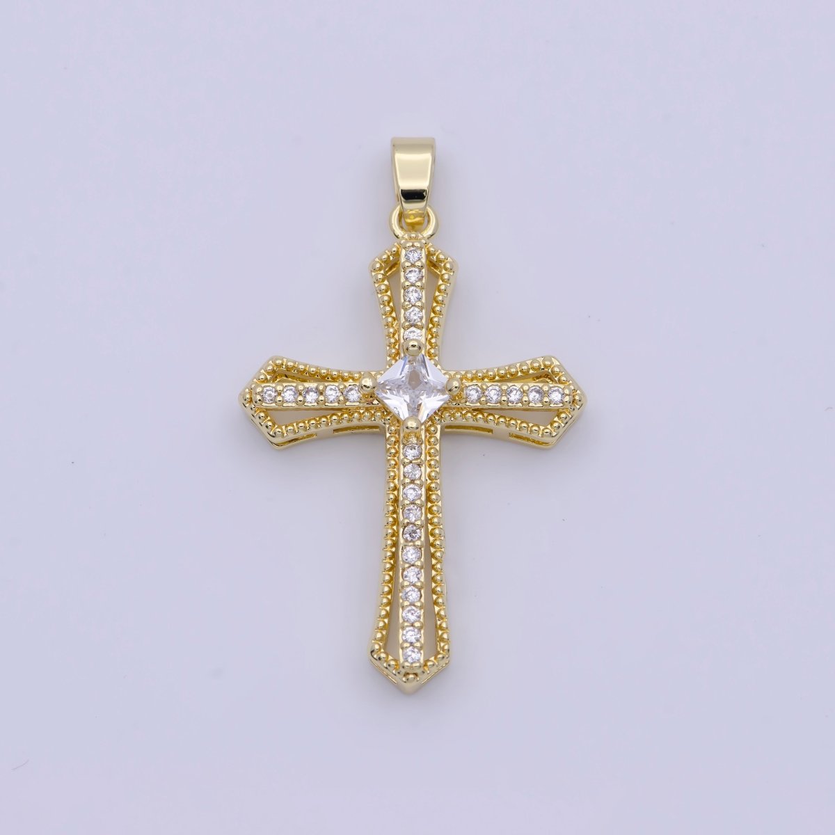 Beaded Micro Paved Rhombus CZ Clear, Pink, Green Religious Cross Pendant | X-494-X-496 - DLUXCA