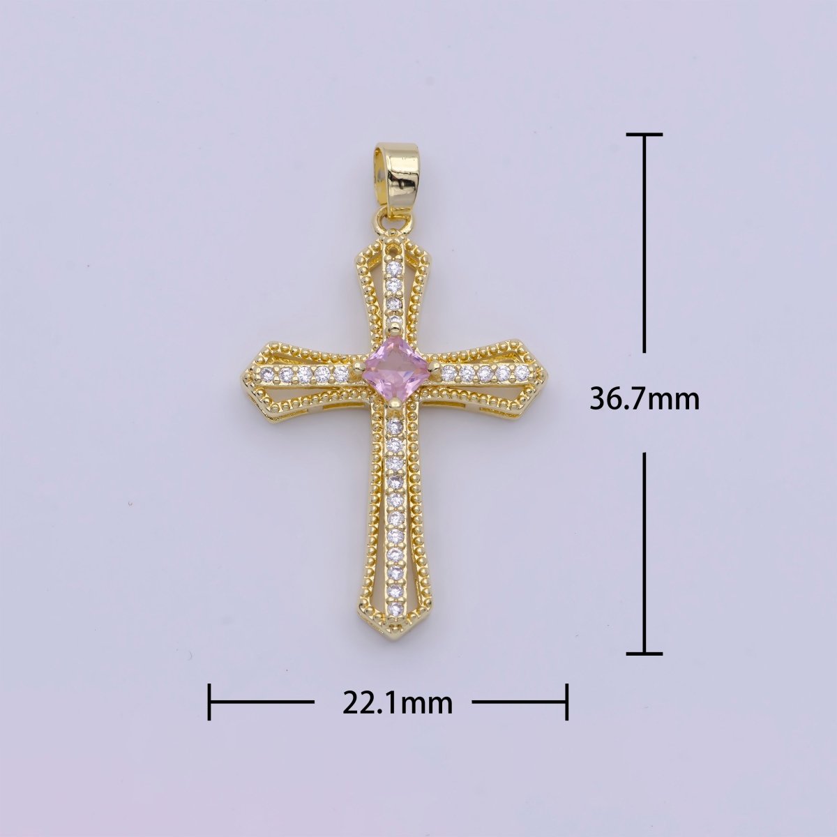 Beaded Micro Paved Rhombus CZ Clear, Pink, Green Religious Cross Pendant | X-494-X-496 - DLUXCA