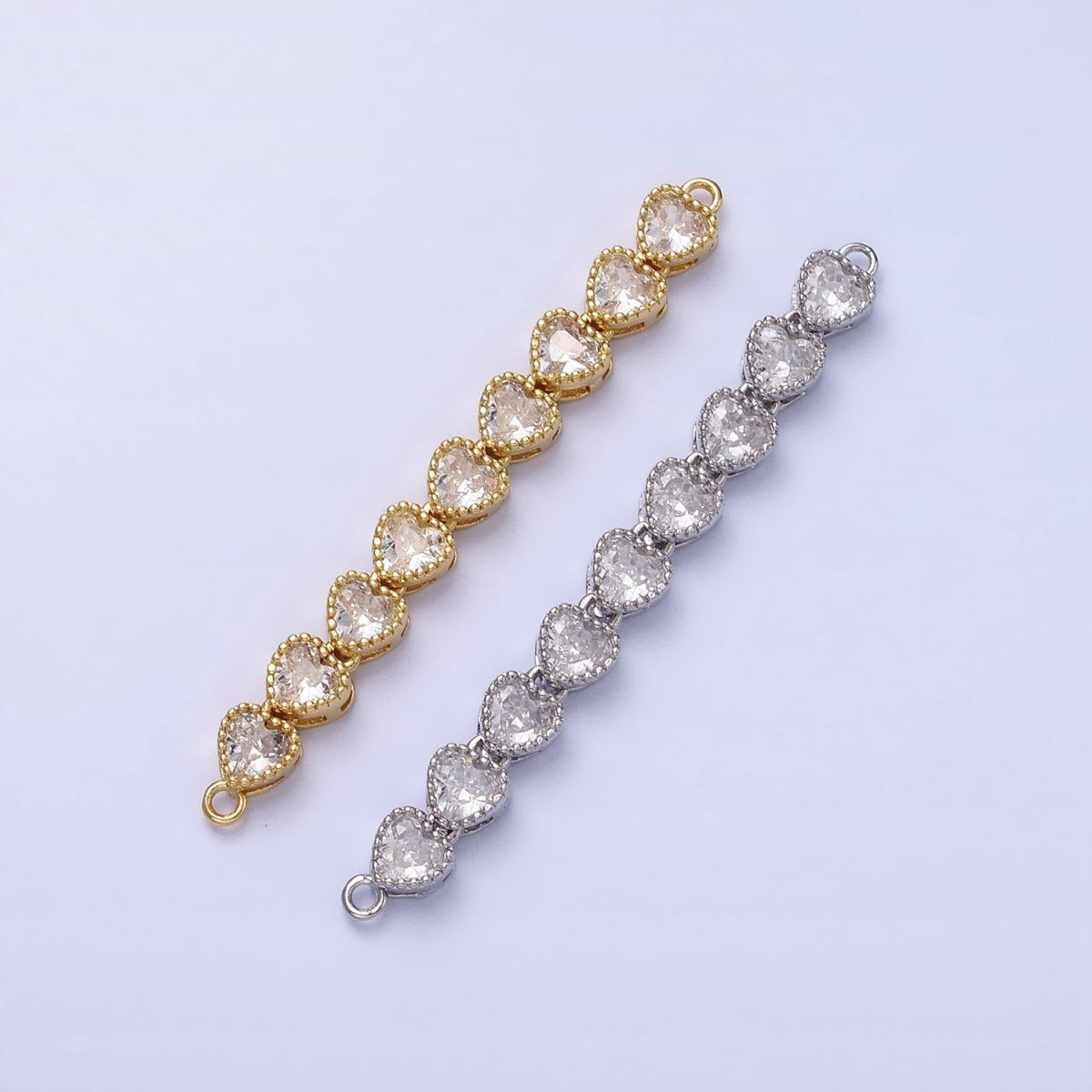 Bendable Gold Heart Long Bar Connector, CZ Micro Pave Silver Heart Link Connector Necklace Jewelry Making AA848 AA849 - DLUXCA