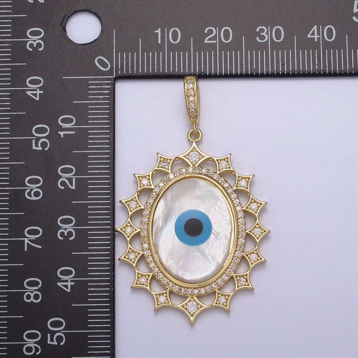 Big Bold Evil Eye Medallion Gold Filled Cubic Zirconia Mother Of Pearl Greek Eye Pendant Necklace for Amulet Jewelry Making N-560 - DLUXCA