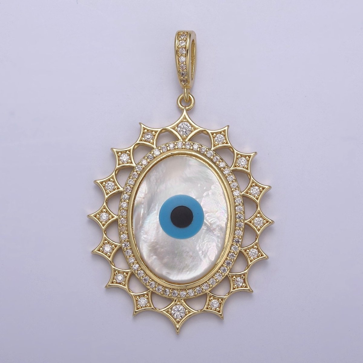 Big Bold Evil Eye Medallion Gold Filled Cubic Zirconia Mother Of Pearl Greek Eye Pendant Necklace for Amulet Jewelry Making N-560 - DLUXCA