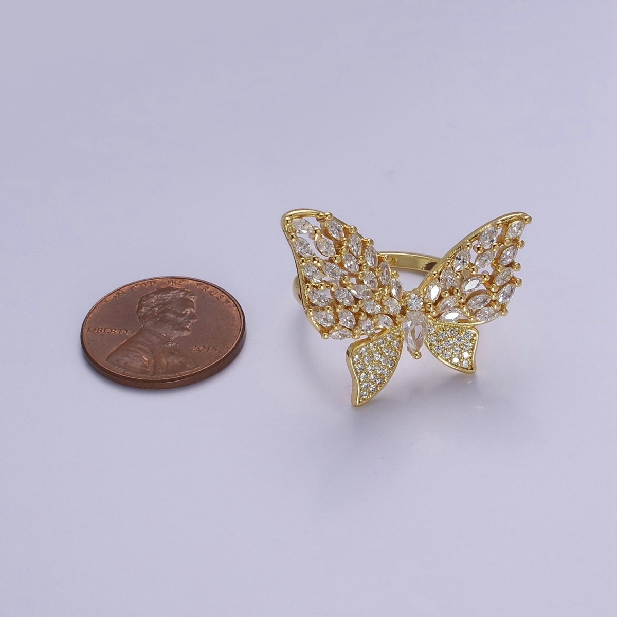 Big CZ Butterfly Ring | adjustable Statement Ring in 14k Gold Filled O-2044 - DLUXCA