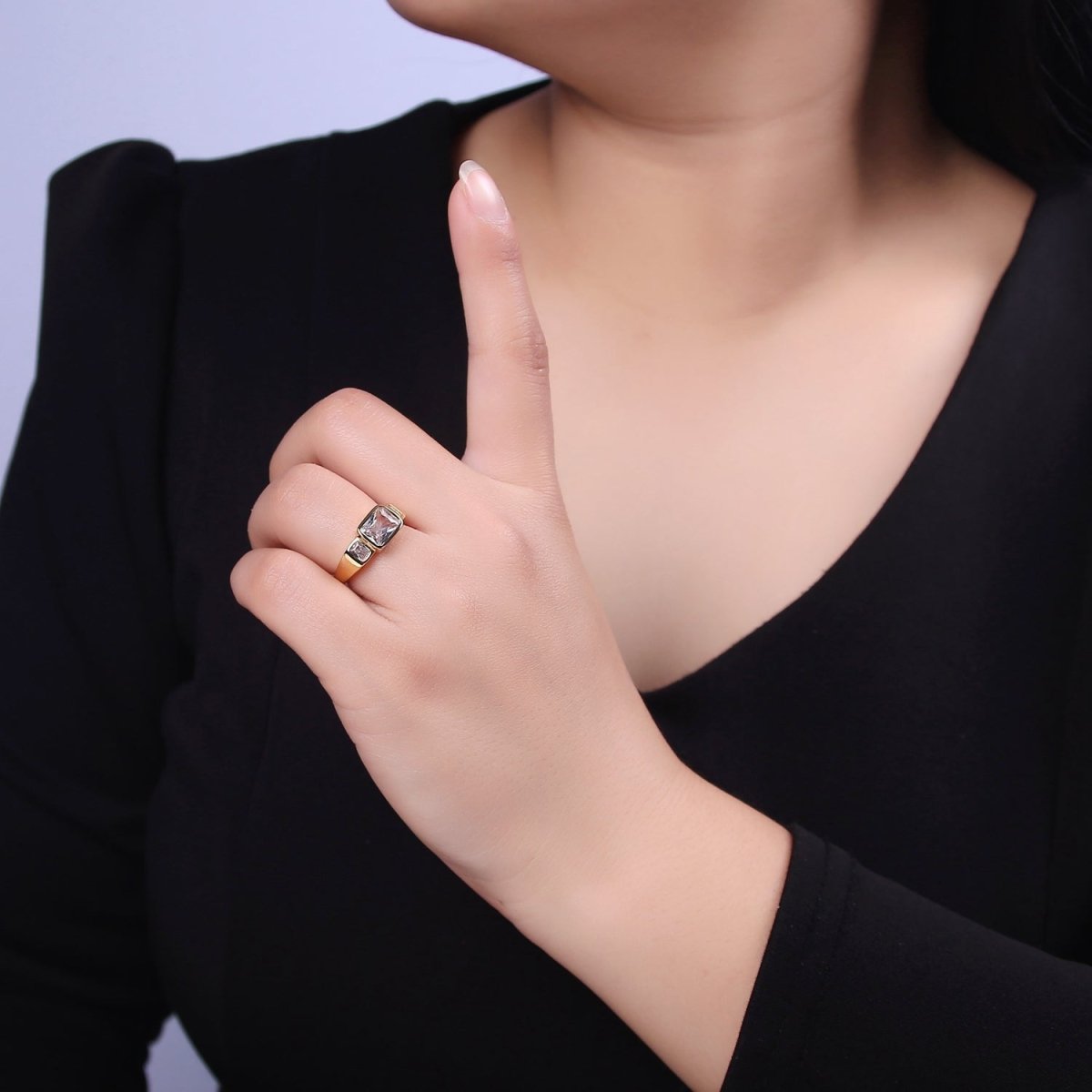 Big Diamond CZ Ring, Statement Gold CZ diamond ring stackable Jewelry Adjustable Ring S-455 - DLUXCA