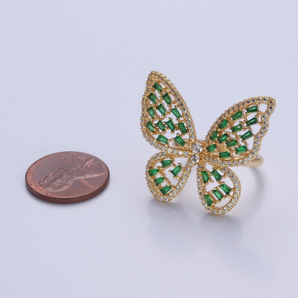 Big Green Pave Butterfly Ring | adjustable Statement Ring O-2225 - DLUXCA